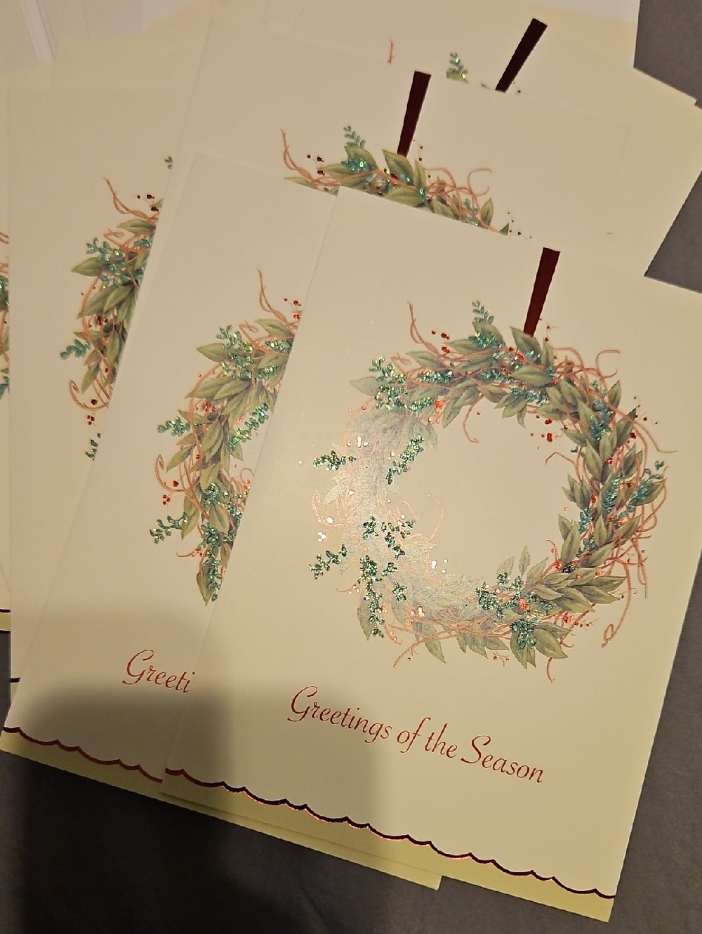 Seasonal Wreath Holiday Greeting Cards - Cream with Green Accent